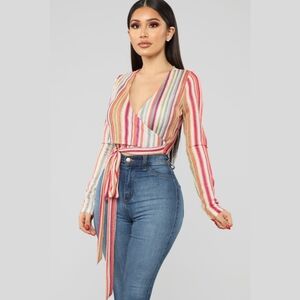 Fashion Nova Multicolor Striped Wrap Crop Top Long Sleeve V-Neck Plus Size 1XL